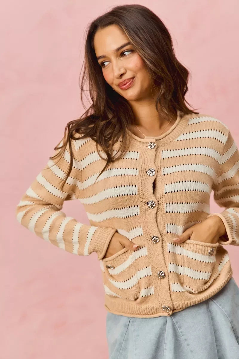 SO ME Stripe Long Sleeves Button Sweater Cardigan - Trendsi - Flyclothing LLC