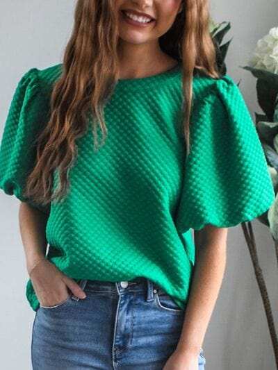 Texture Round Neck Puff Sleeve Blouse - Trendsi - Flyclothing LLC