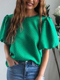 Texture Round Neck Puff Sleeve Blouse - Trendsi - Flyclothing LLC