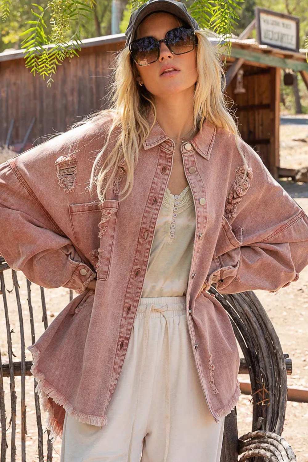 POL Button Down Raw Hem Distressed Shacket - Trendsi - Flyclothing LLC