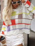 Openwork Color Block Round Neck Sweater - Trendsi - Flyclothing LLC