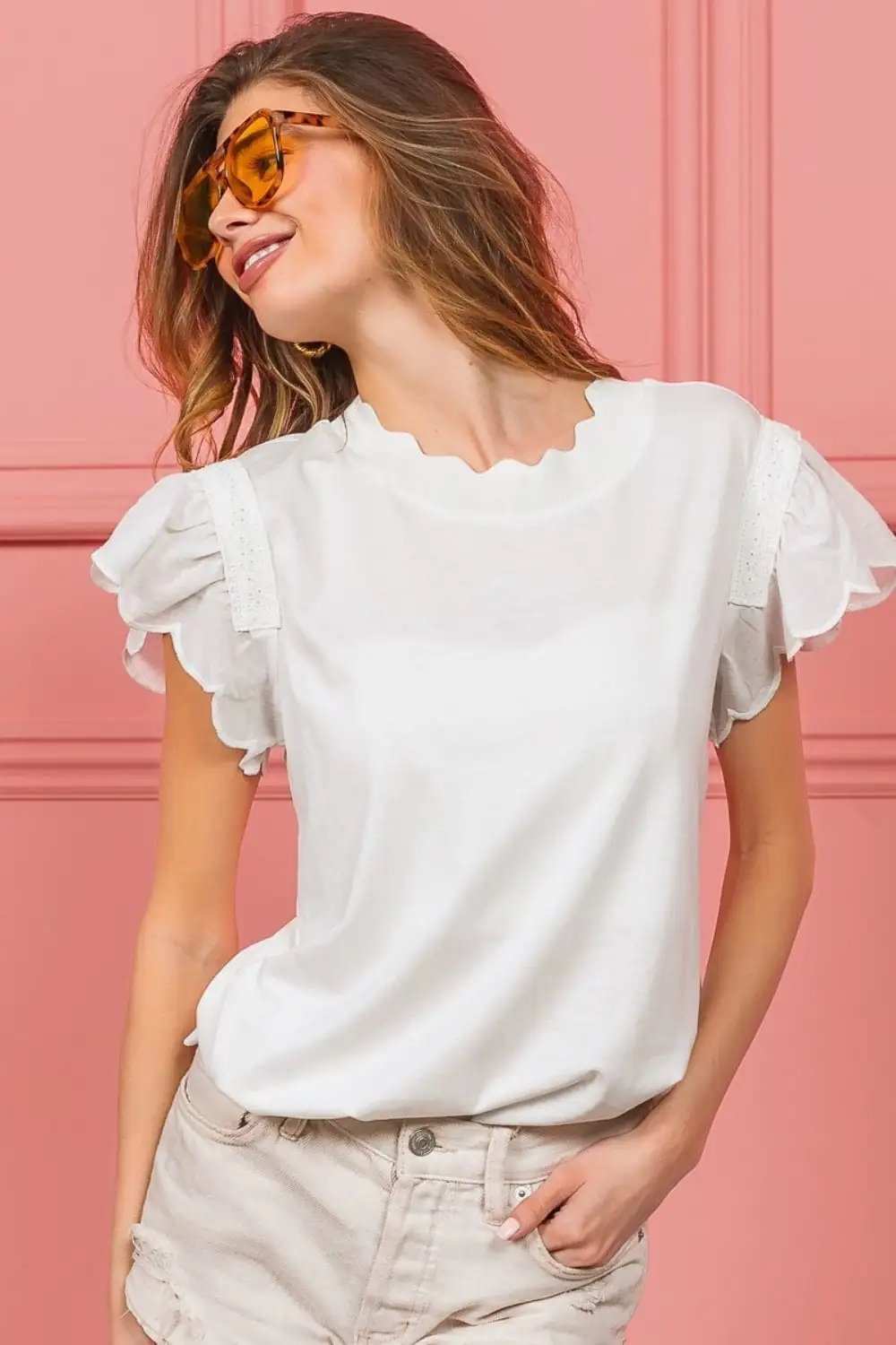 BiBi Scallop Edged Lace Trim Top - Trendsi - Flyclothing LLC