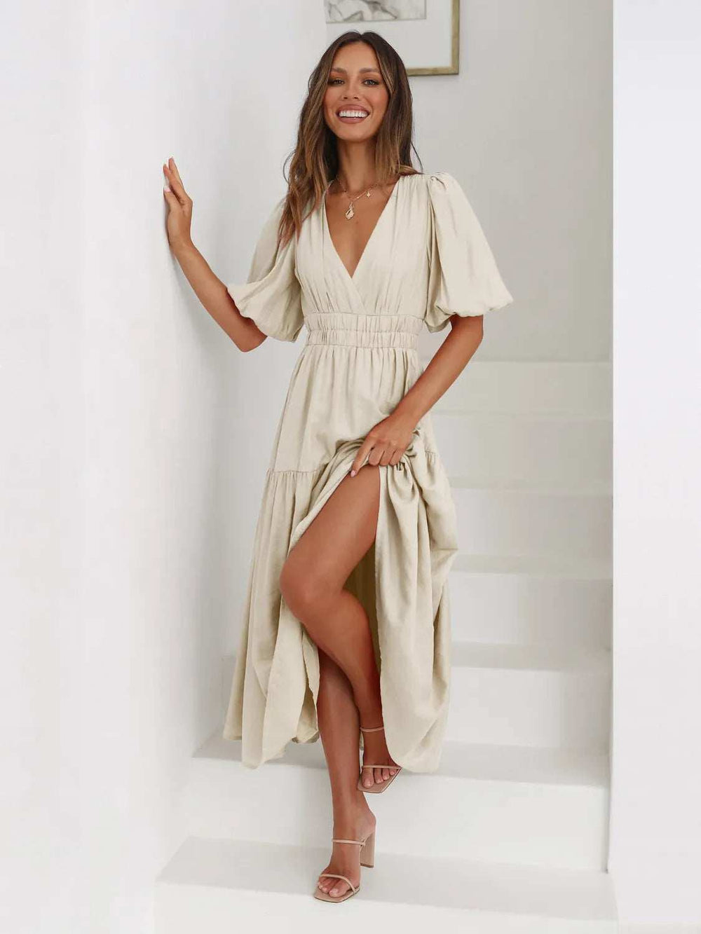 Tiered Surplice Half Sleeve Midi Dress - Trendsi - Flyclothing LLC