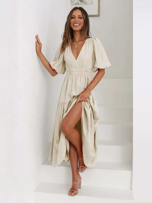 Tiered Surplice Half Sleeve Midi Dress - Trendsi - Flyclothing LLC