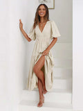 Tiered Surplice Half Sleeve Midi Dress - Trendsi - Flyclothing LLC