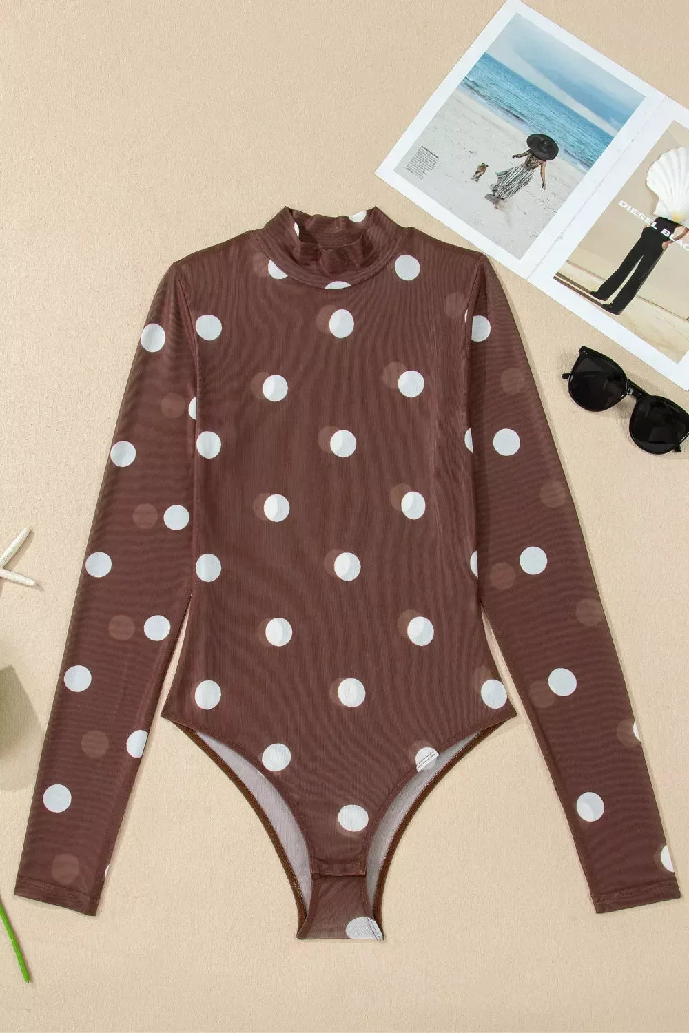 Vintage Polka Dot Print Mesh Long Sleeve Bodysuit - Trendsi - Flyclothing LLC