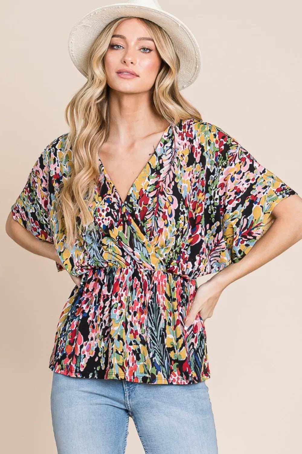 BOMBOM Printed Surplice Peplum Blouse - Trendsi - Flyclothing LLC