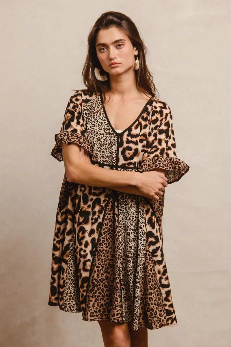 BiBi Leopard Prints Mix and Match Short Sleeves Dress - Trendsi - Flyclothing LLC