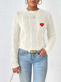 Cable-Knit Heart Round Neck Long Sleeve Sweater - Trendsi - Flyclothing LLC