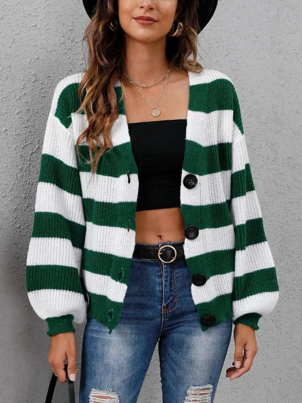 Striped Button Up Long Sleeve Sweater - Trendsi - Flyclothing LLC