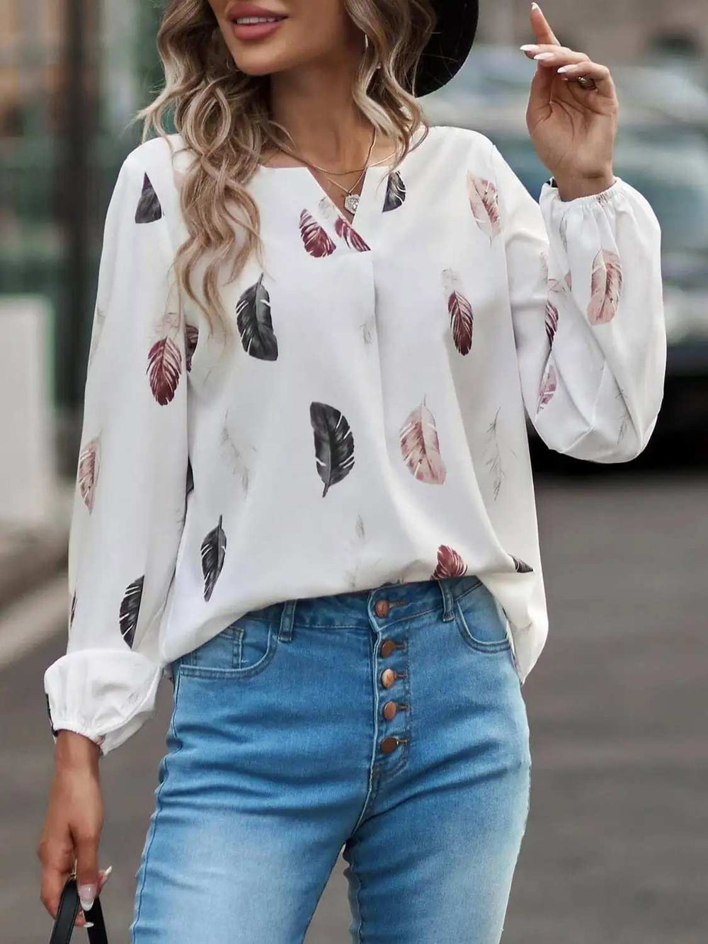 Feather Print Notched Balloon Sleeve Top - Trendsi - Flyclothing LLC