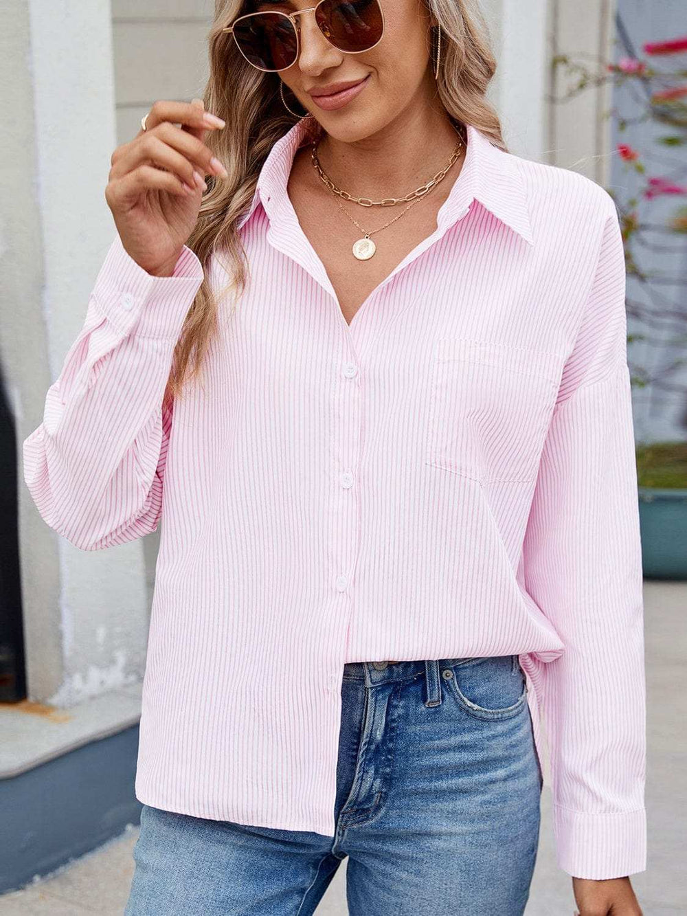 Striped Collared Neck Button Down Long Sleeve Shirt - Trendsi - Flyclothing LLC