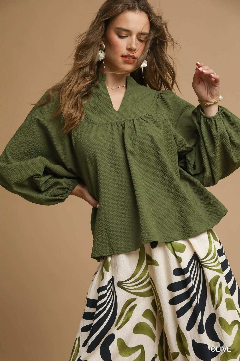 Umgee Textured Notched Blouse with Balloon Sleeves - Trendsi - Flyclothing LLC