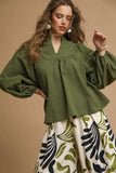 Umgee Textured Notched Blouse with Balloon Sleeves - Trendsi - Flyclothing LLC