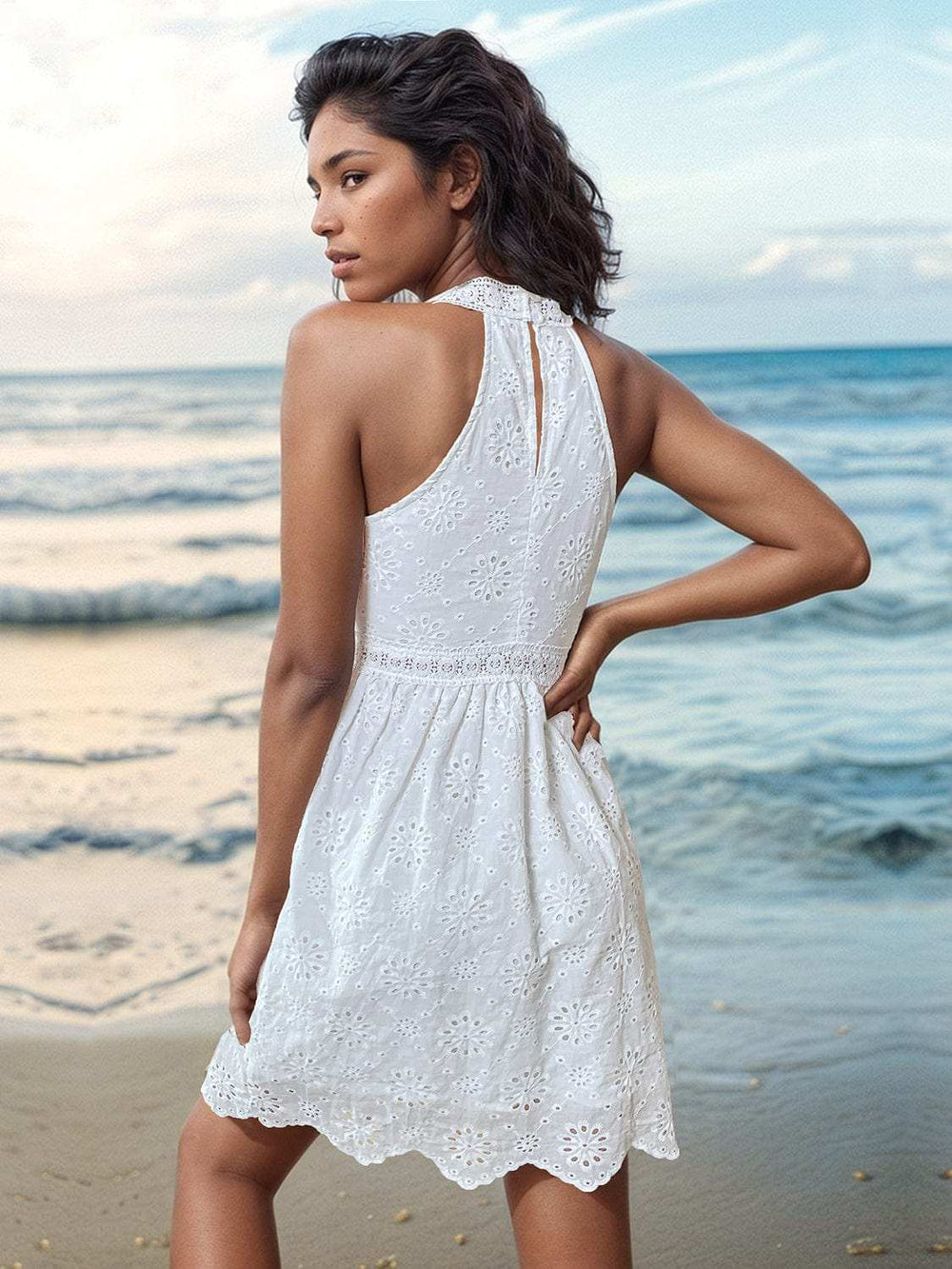 Eyelet Grecian Neck Mini Dress - Trendsi - Flyclothing LLC