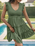 Frill Smocked V-Neck Tiered Dress - Trendsi - Flyclothing LLC