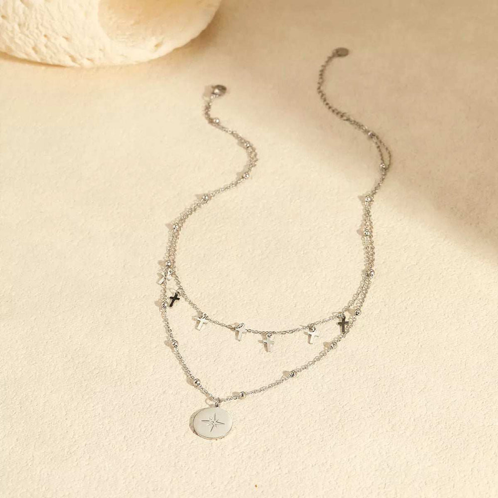 18K Gold-Plated Cross Double Layered Pendant Necklace - Trendsi - Flyclothing LLC