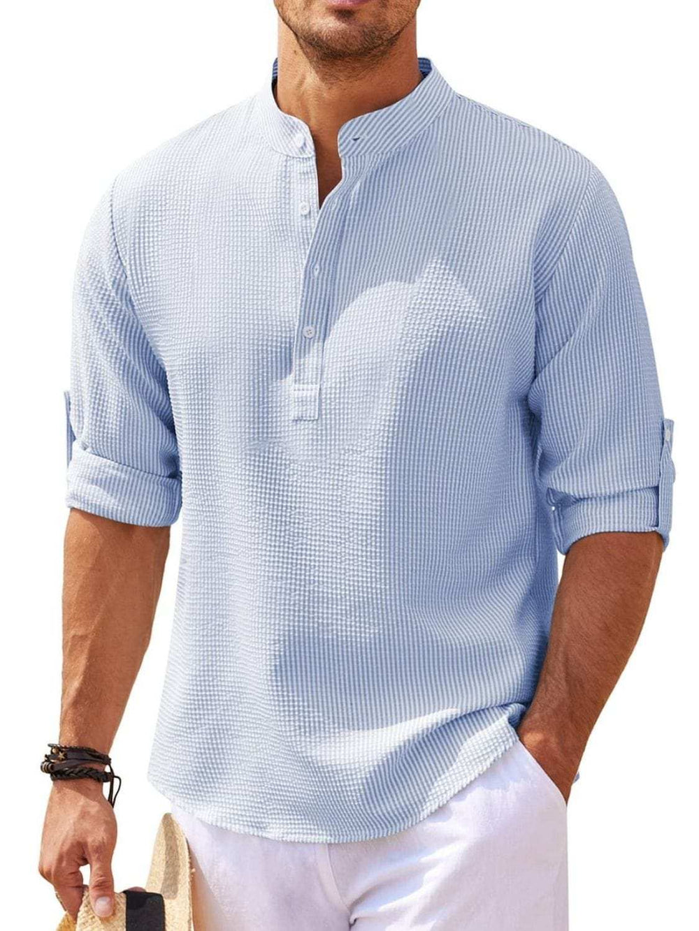 Men's Full Size Half Button Long Sleeve Shirt Plus Size - Trendsi - Flyclothing LLC
