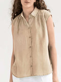 Button Up Collared Neck Cap Sleeve Shirt - Trendsi - Flyclothing LLC