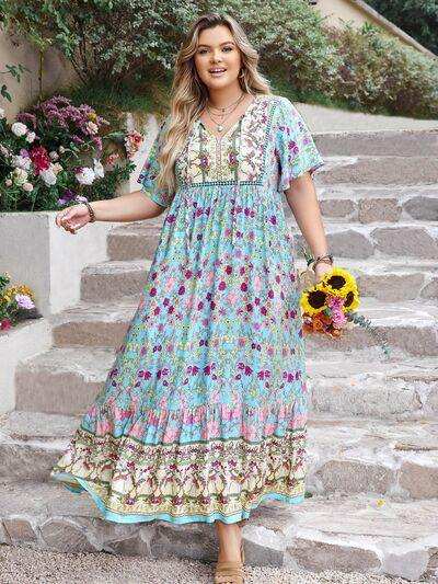 Plus Size Printed Tie Neck Flutter Sleeve Maxi Dress - Trendsi - Flyclothing LLC