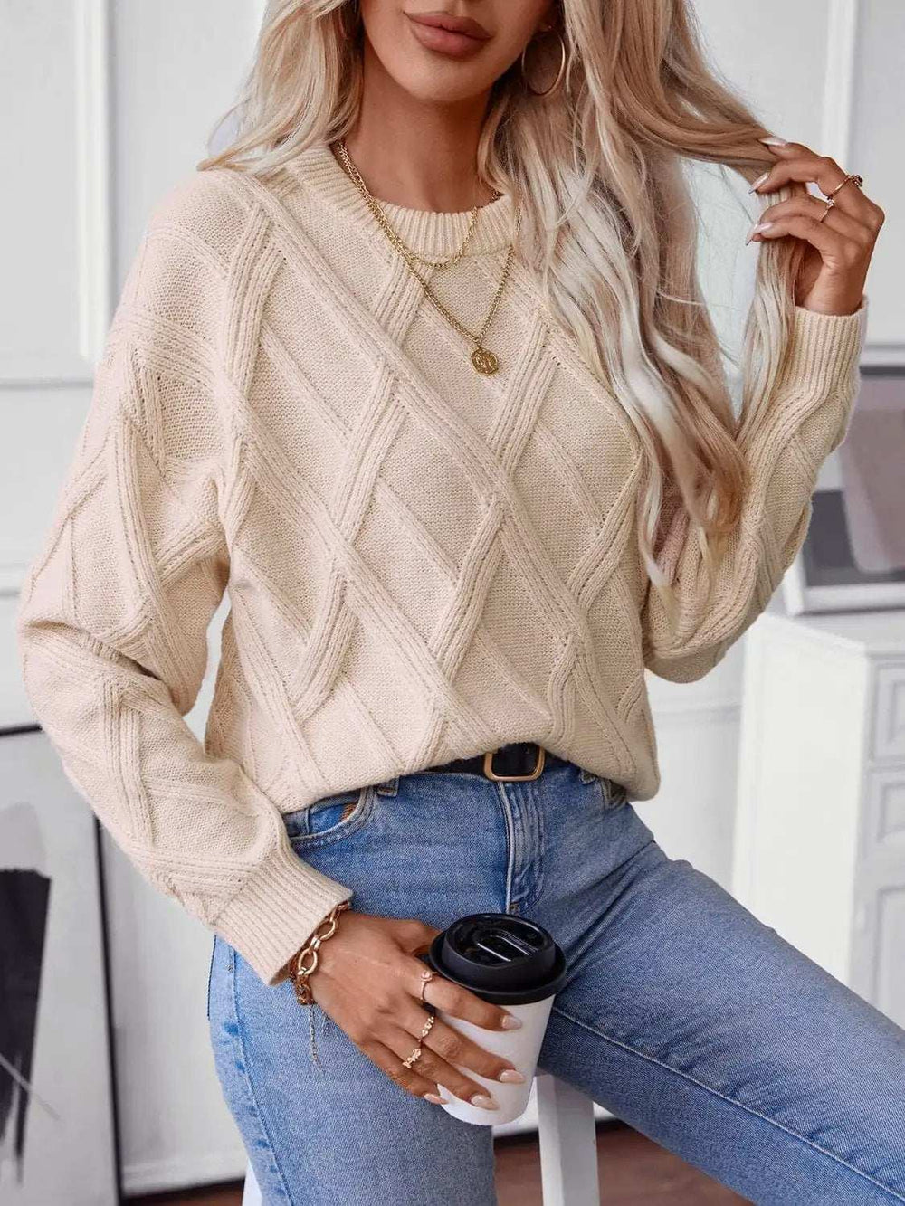 Geometric Round Neck Long Sleeve Sweater - Trendsi - Flyclothing LLC