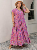 Plus Size Printed V-Neck Flutter Sleeve Tie Waist Maxi Dress - Trendsi - Flyclothing LLC