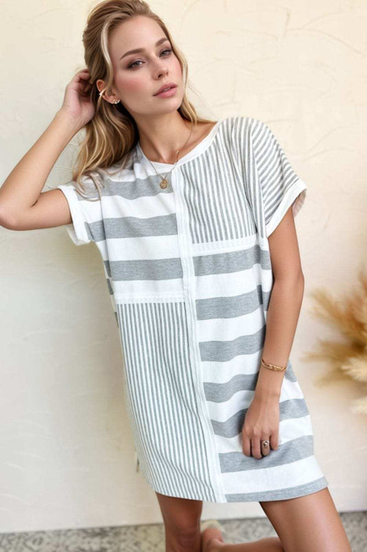 Stripe Mixed Short Sleeve Shift Mini Tee Dress - Trendsi - Flyclothing LLC