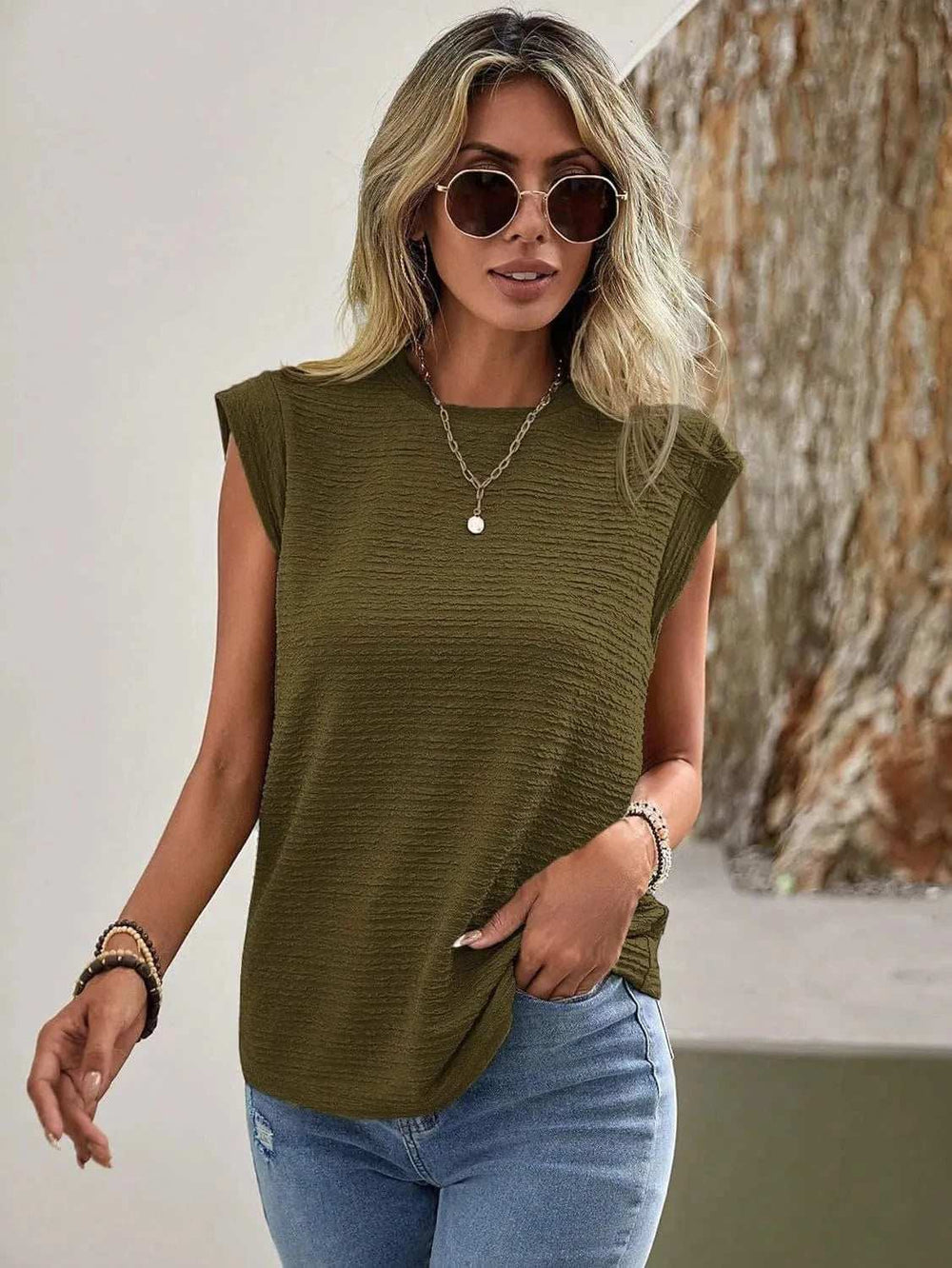 Textured Round Neck Casual Ribbed Top - Trendsi - Flyclothing LLC