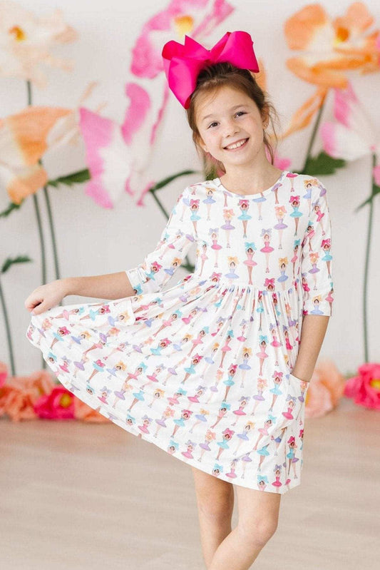 Ballerina Bows 3/4 Sleeve Pocket Twirl Dress - Mila & Rose ® - Flyclothing LLC