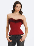 Ivette Crimson Fur-Trimmed Peplum Top - Miss Circle - Flyclothing LLC