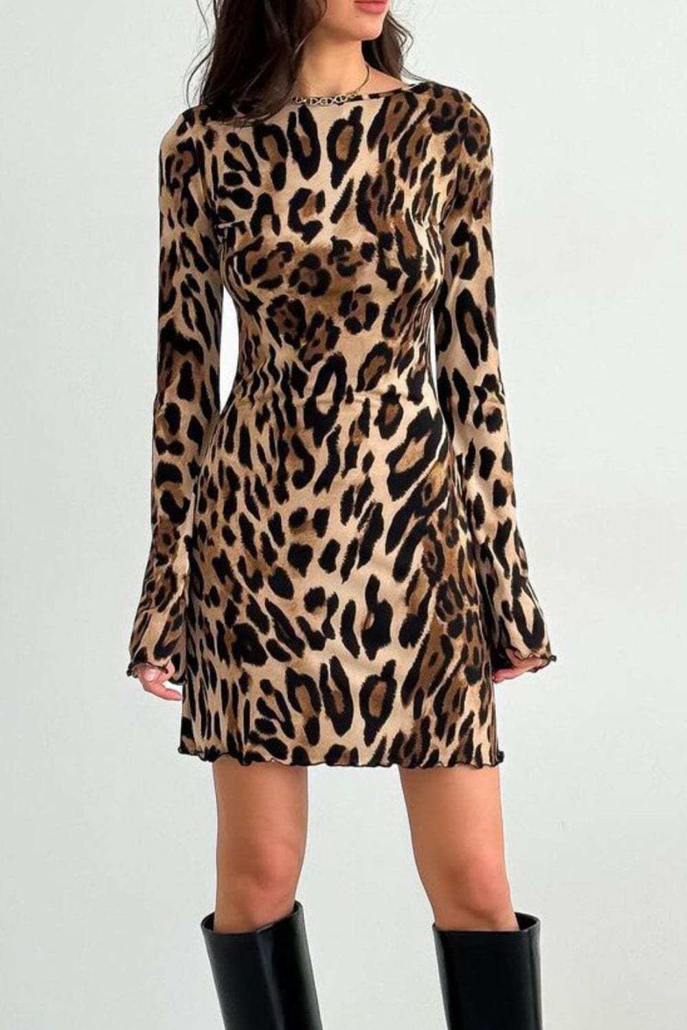 Backless Leopard Long Sleeve Mini Dress - Trendsi - Flyclothing LLC