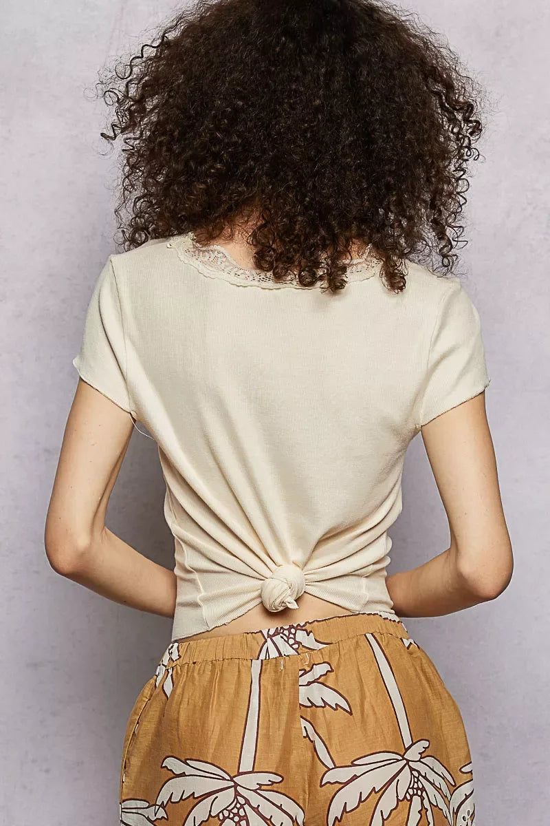 POL Round Neck Short Sleeve Crop T-Shirt with Lace Trim - Trendsi - Flyclothing LLC