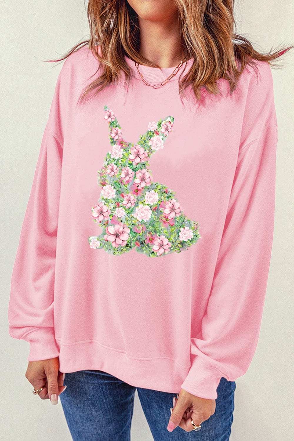 Floral Bunny Round Neck Long Sleeve Sweatshirt - Trendsi - Flyclothing LLC