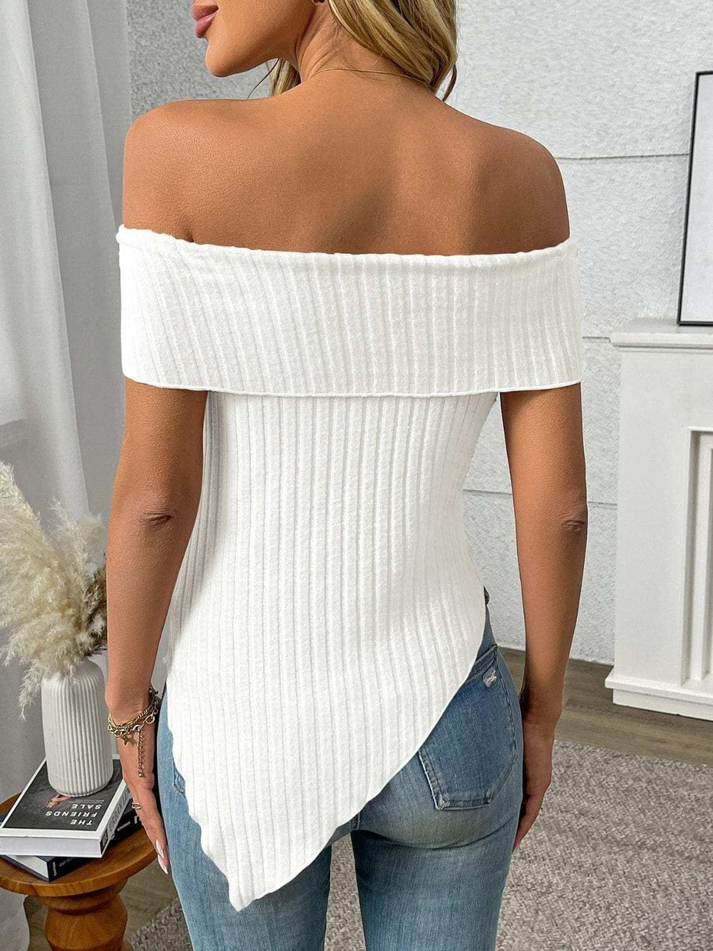 Ribbed Off-Shoulder Asymmetrical Hem T-Shirt - Trendsi - Flyclothing LLC