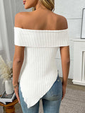 Ribbed Off-Shoulder Asymmetrical Hem T-Shirt - Trendsi - Flyclothing LLC