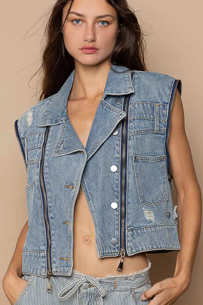 POL Cropped Denim Jacket with Functional Zipper Detail - Trendsi - Flyclothing LLC