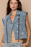 POL Cropped Denim Jacket with Functional Zipper Detail - Trendsi - Flyclothing LLC