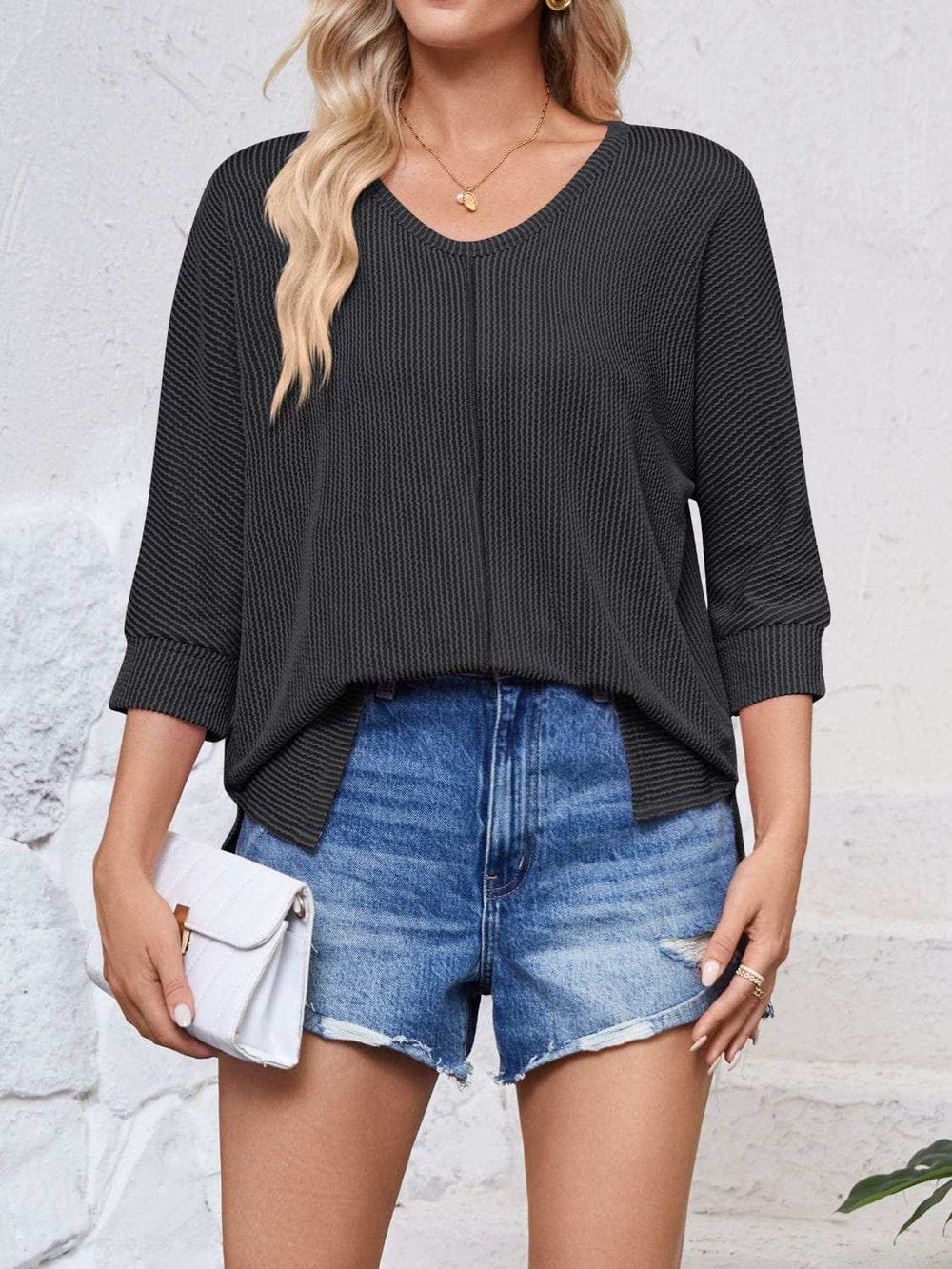 Textured Round Neck Three-Quarter Sleeve Blouse - Trendsi - Flyclothing LLC