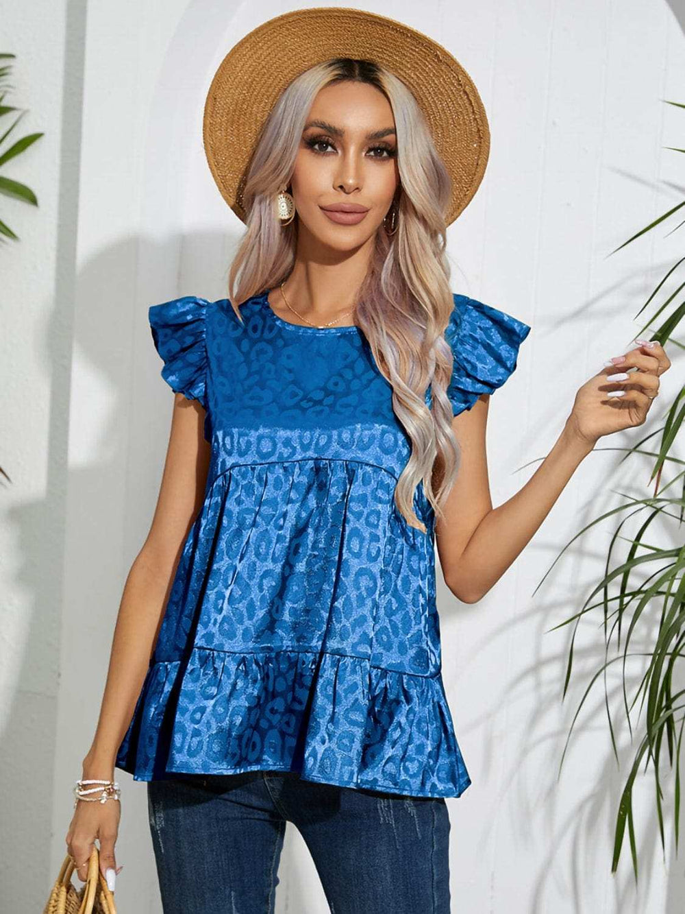 Full Size Ruffled Leopard Cap Sleeve Top - Trendsi - Flyclothing LLC