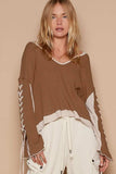 POL Lace-Up Sleeve Color Block Ribbed Knit Top - Trendsi - Flyclothing LLC
