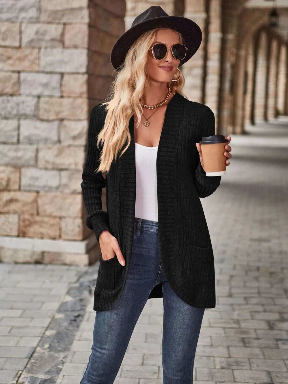 Ribbed Open Front Long Cardigan with Pockets - Trendsi - Flyclothing LLC