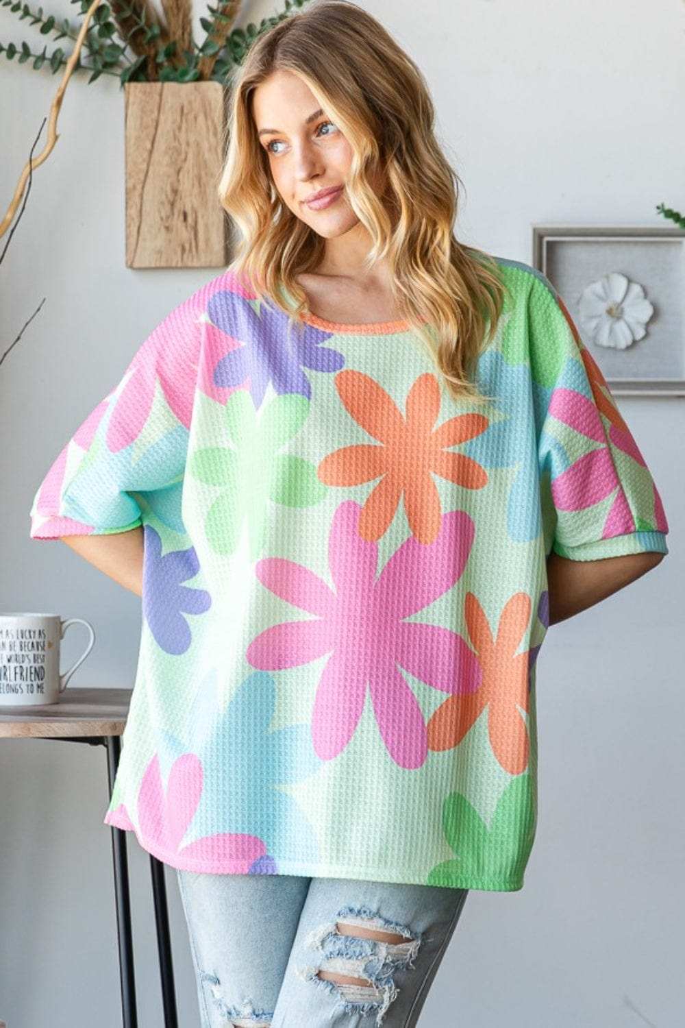 HOPELY Floral Round Neck Waffle T-Shirt - Trendsi - Flyclothing LLC