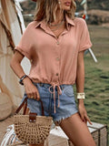 Drawstring Button Up Short Sleeve Blouse - Trendsi - Flyclothing LLC
