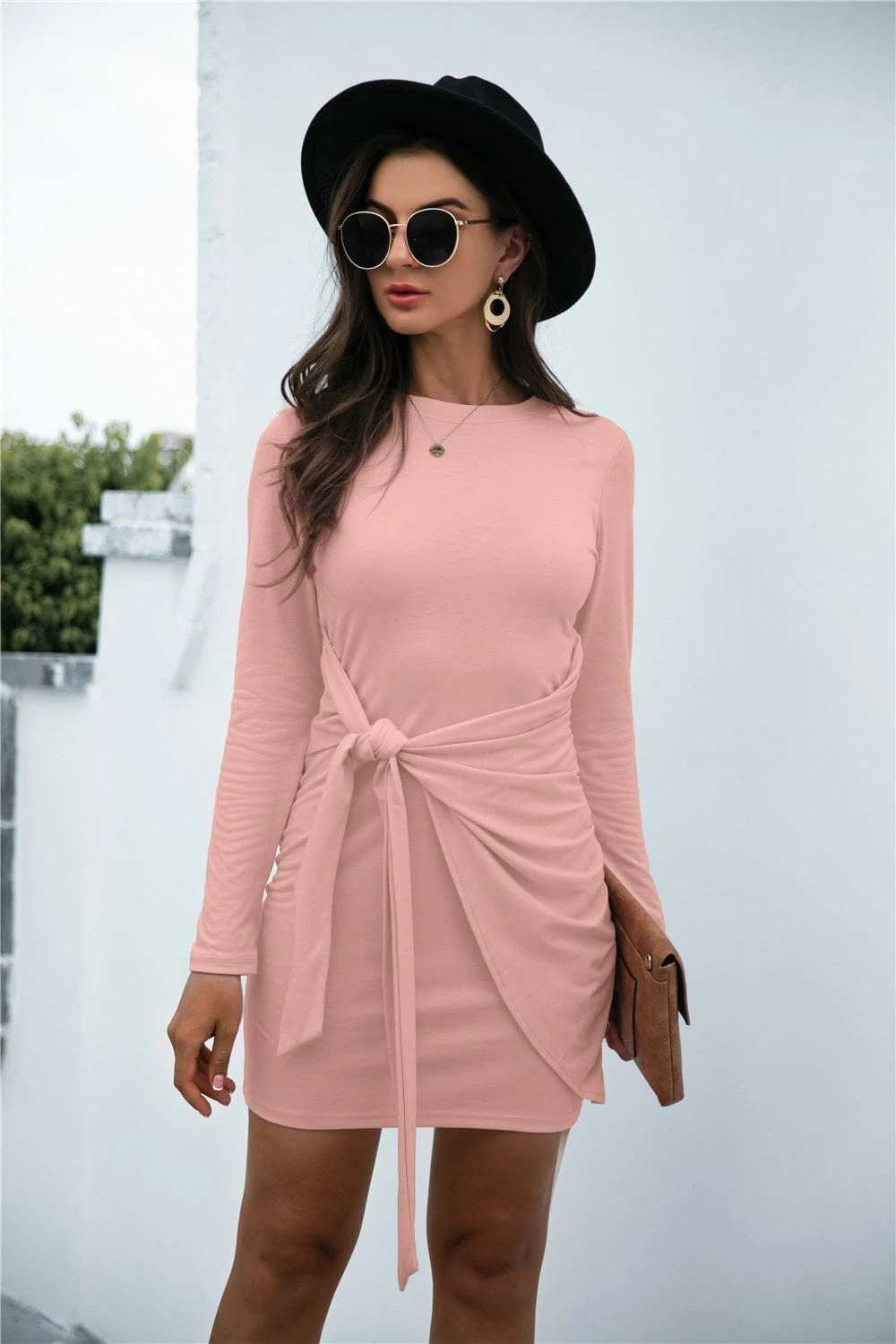Tied Round Neck Long Sleeve Mini Dress - Trendsi - Flyclothing LLC