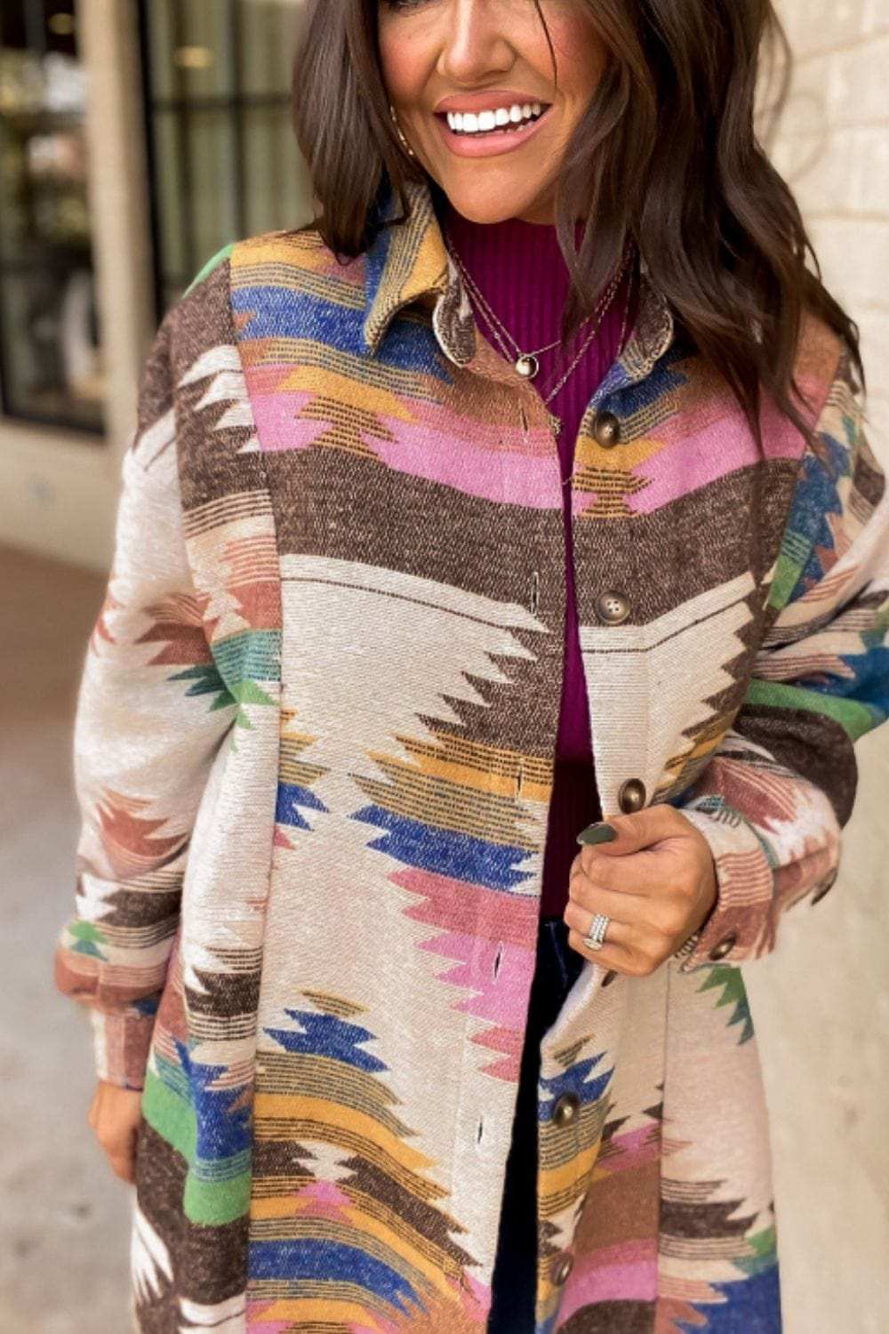 Geometric Button Up Long Sleeve Jacket - Trendsi - Flyclothing LLC