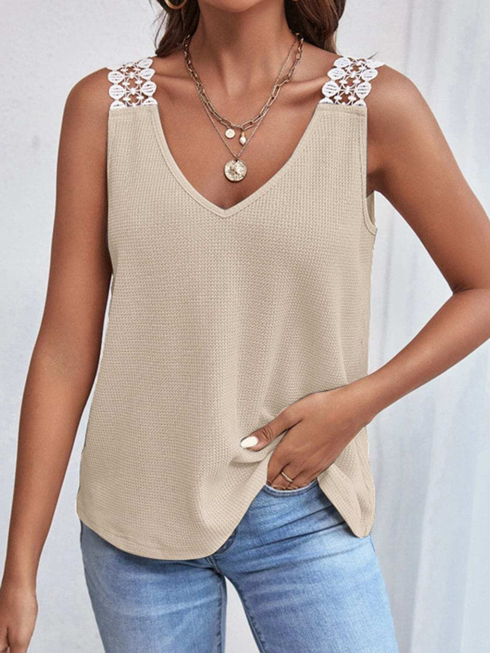 Lace Detail Waffle-Knit V-Neck Tank - Trendsi - Flyclothing LLC