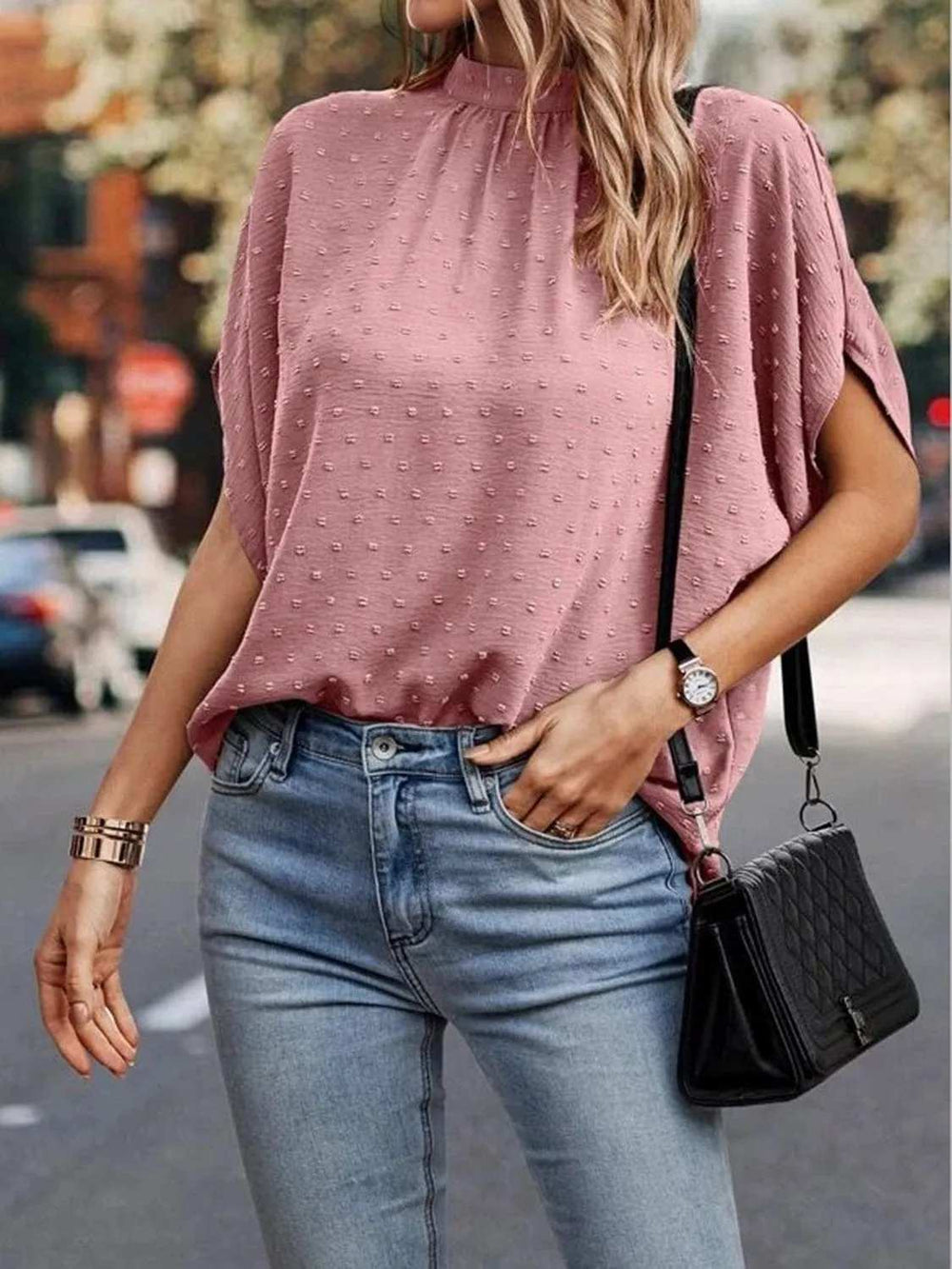 Swiss Dot Mock Neck Half Sleeve Blouse - Trendsi - Flyclothing LLC