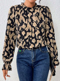 Frill Leopard Mock Neck Flounce Sleeve Blouse - Trendsi - Flyclothing LLC