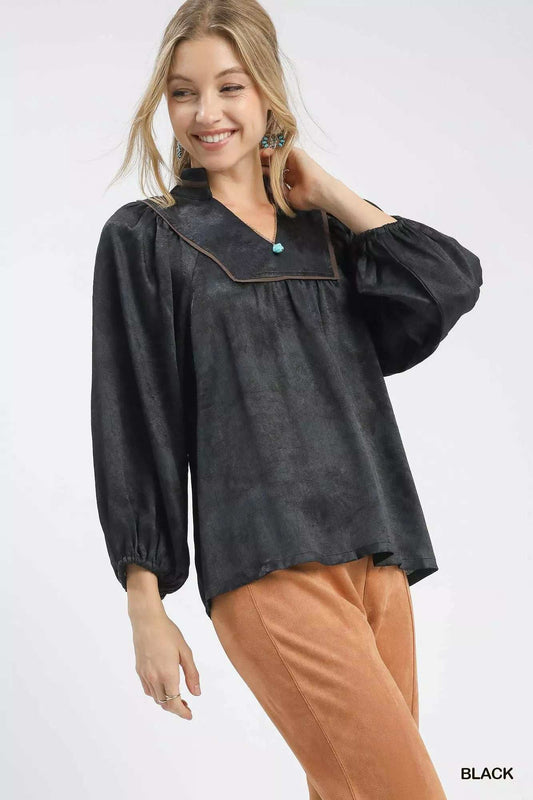 Umgee Crinkle Brocade Long Sleeve Blouse - Trendsi - Flyclothing LLC