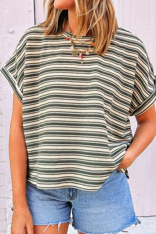 Stripe Textured Side Slit Crew Neck T-Shirt - Trendsi - Flyclothing LLC